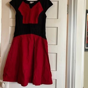 Red and black color block dress by eShakti with pockets